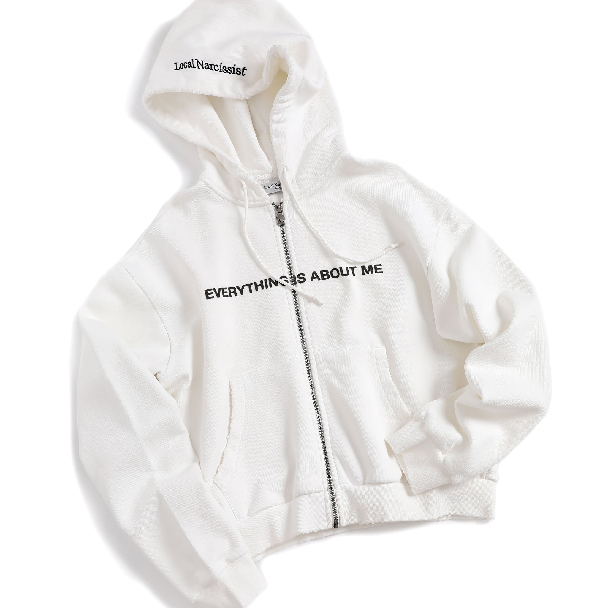 "Everything Is About Me" Zip-Up Hoodie White