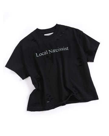 "Local Narcissist" Distressed Cropped T-Shirt Black