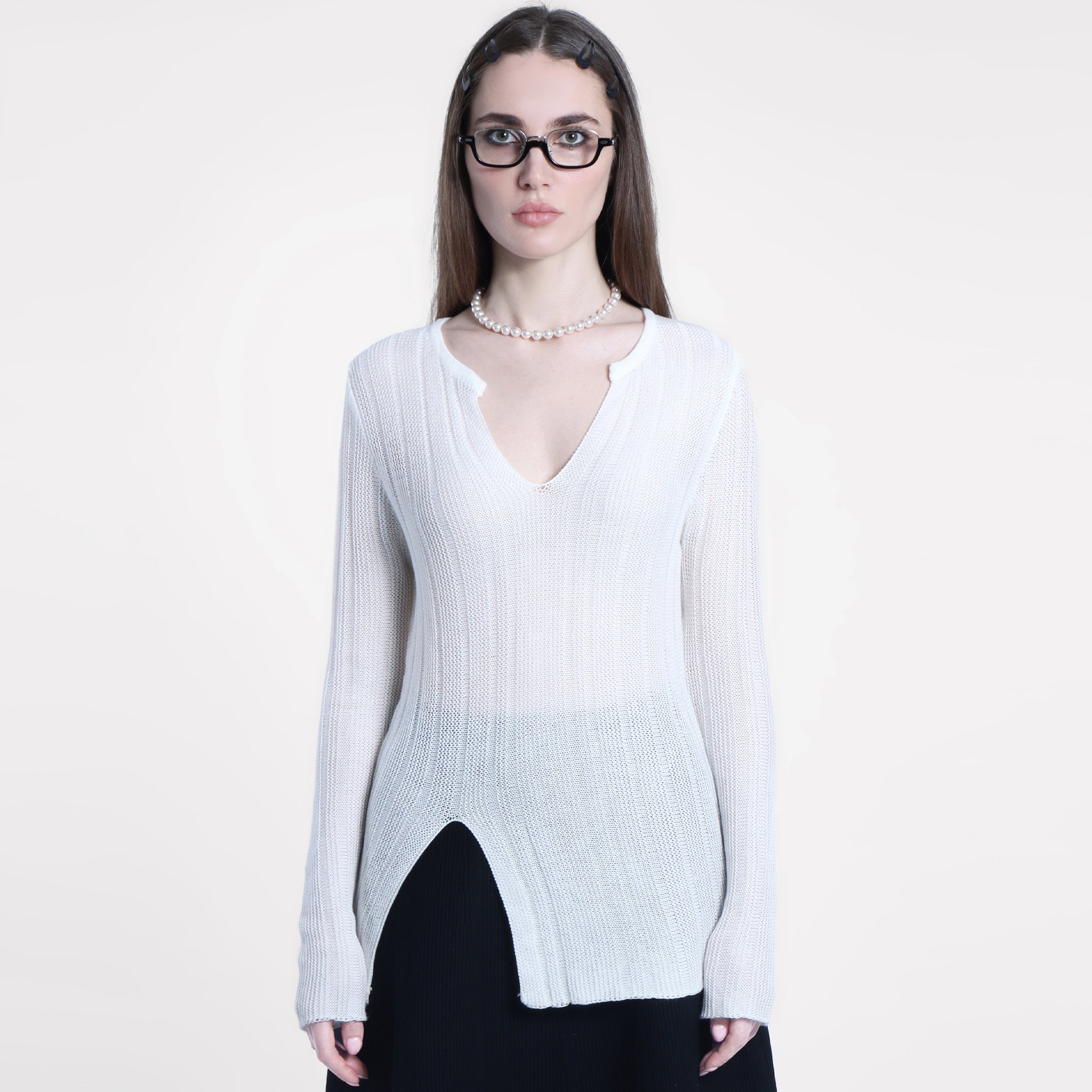 Amile Open Knit V Neck Top